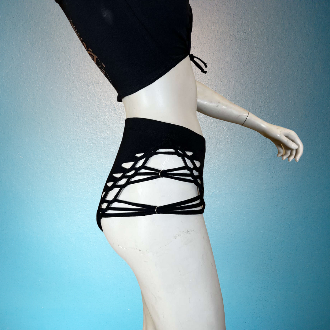 Slit Weave Braided Booty Shorts with Silver Rings