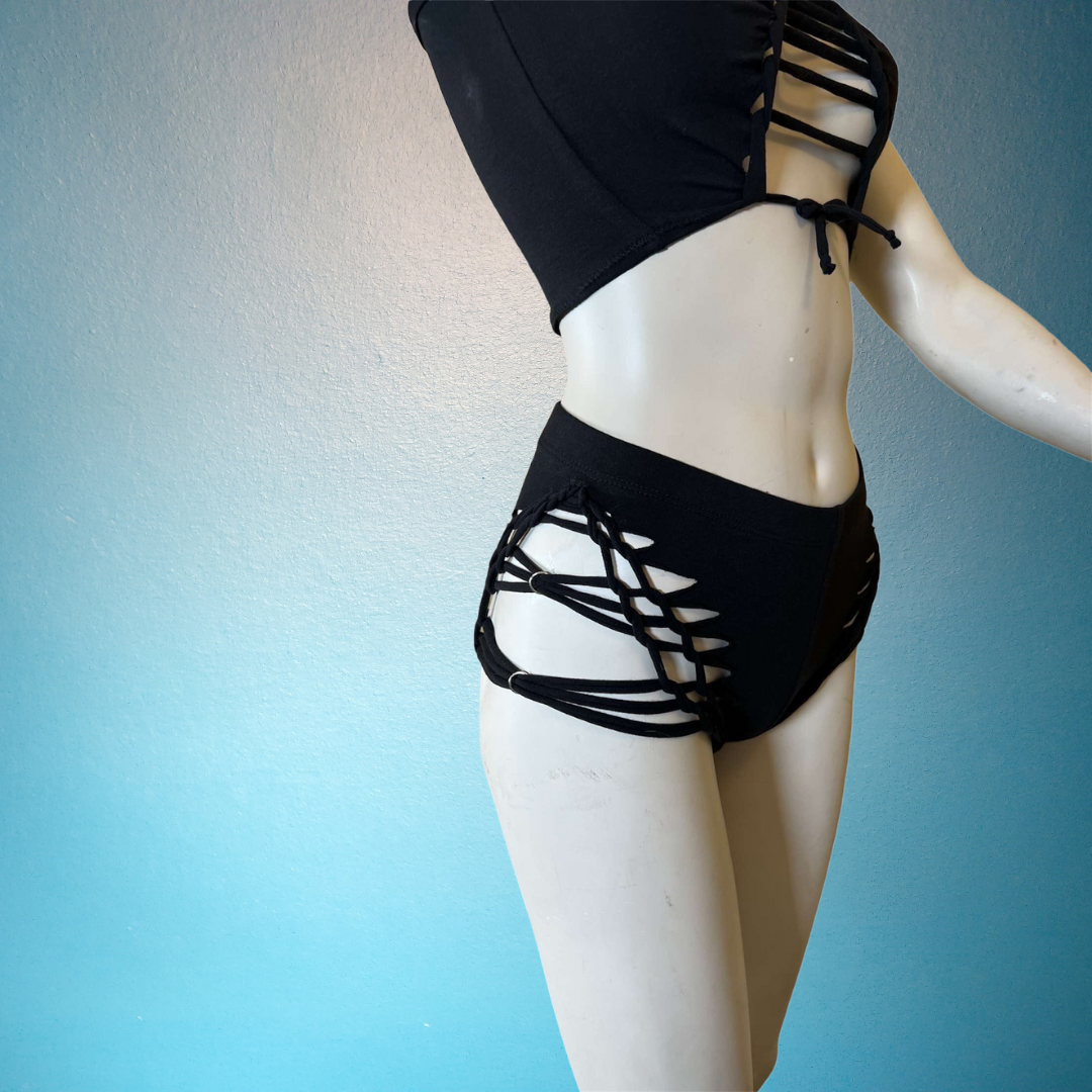 Slit Weave Braided Booty Shorts with Silver Rings