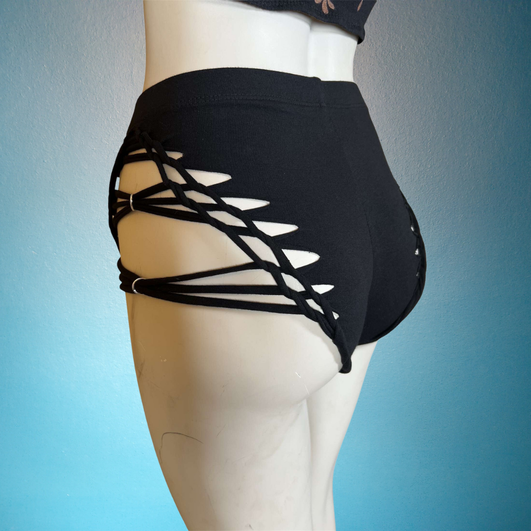 Slit Weave Braided Booty Shorts with Silver Rings