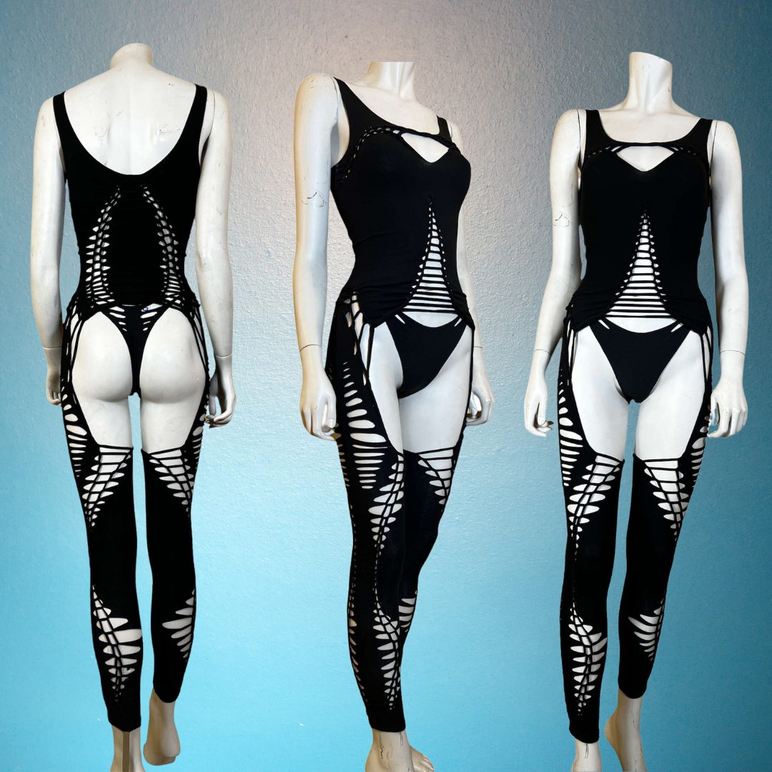 Garter Style Cat Suit * Slit Weave Bodysuit