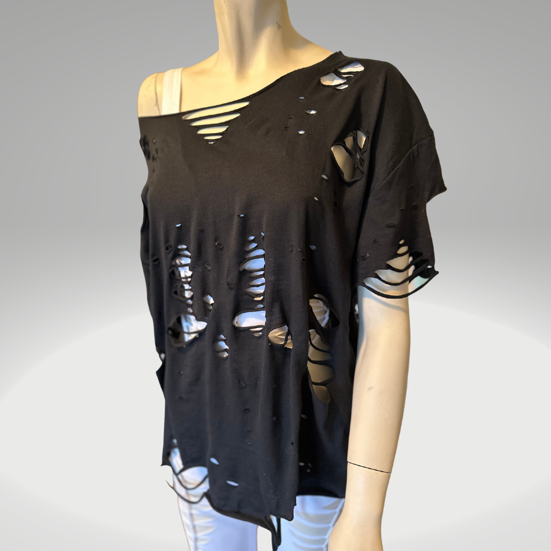 Oversized and Distressed Slit Weave Tee - Unisex