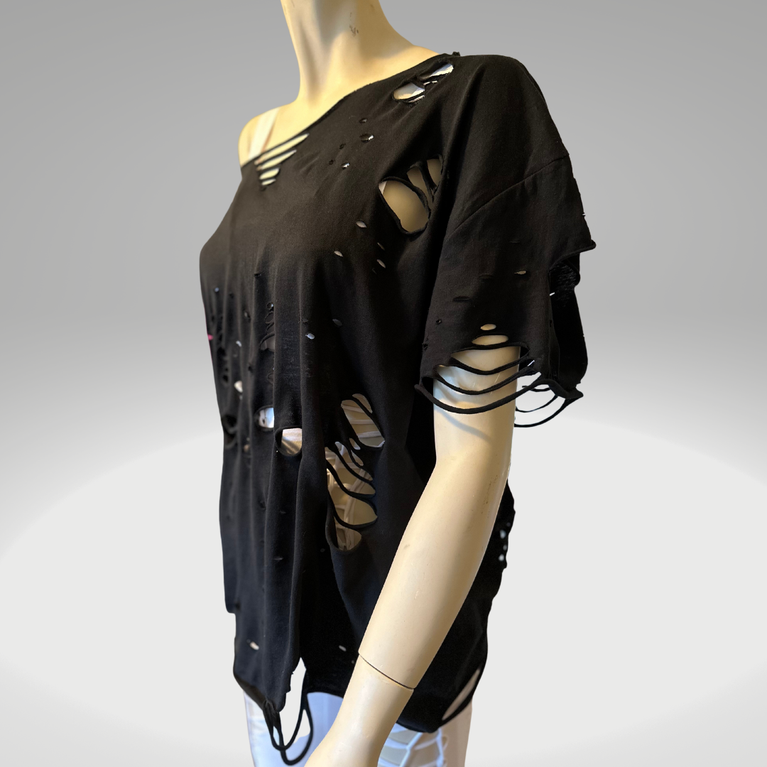 Oversized and Distressed Slit Weave Tee - Unisex