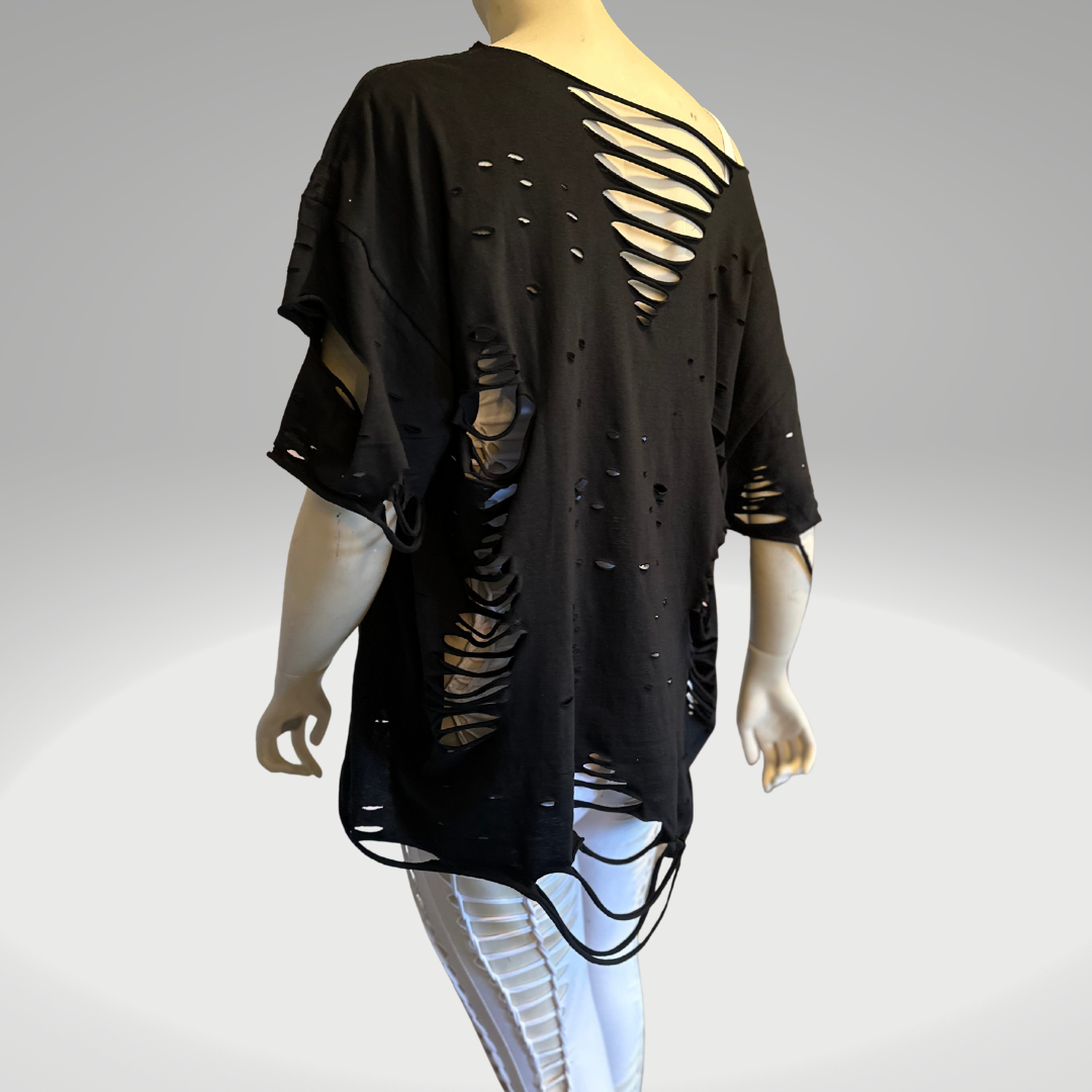 Oversized and Distressed Slit Weave Tee - Unisex