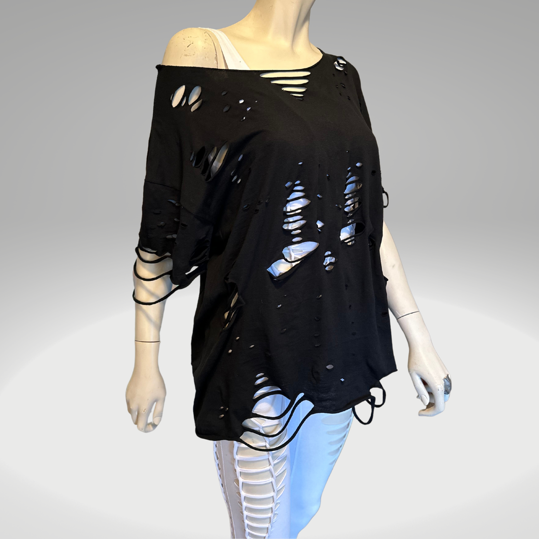 Oversized and Distressed Slit Weave Tee - Unisex