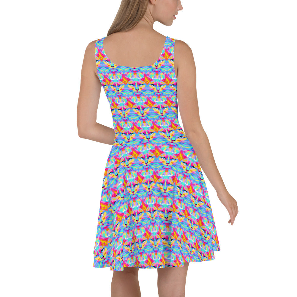 Slit Weave Psychedelic Cat Skater Dress Xs