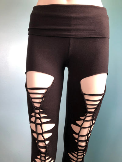 Womens Leggings - Black Shredded Leggings and Tights Cut Out // sexy  leggings// Festival Wear// Rave Leggings// Slit Leggings// Cut Up